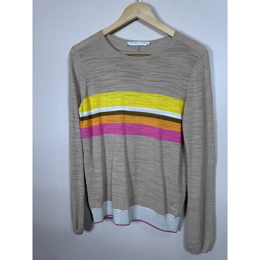 Trina Turk Womens Sweater Lightweight Cotton Blend Cotton Striped Preppy S